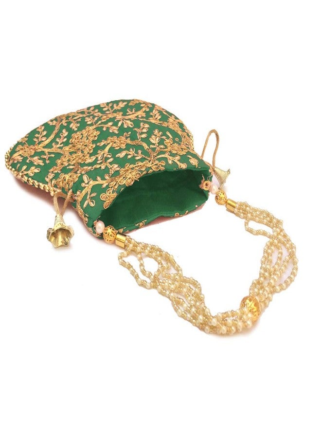 KYZZO Rajasthani Style Royal Clutch Silk Batwa Bag Wristlets Ethnic Potli For Women's Zari Work Potli Bridal Potli, Green - Image 3